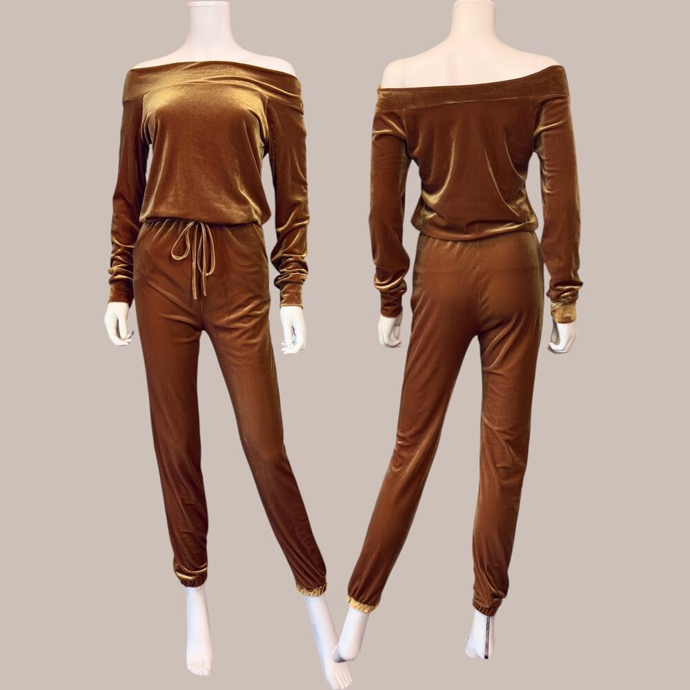 McBling Velvet Jumpsuit Velour Off Shoulder Gold Lounge Jogger Pants Medium Y2K
